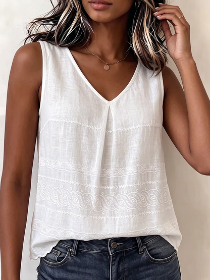 Vintage Floral Embroidered V-neck Cotton-linen Vest