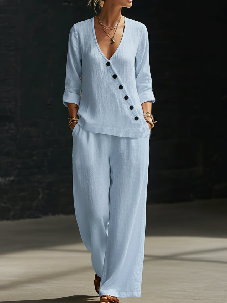 NOUVEAU🔥Ensemble deux‑pièces : chemise minimaliste à col V et pantalon à jambes larges