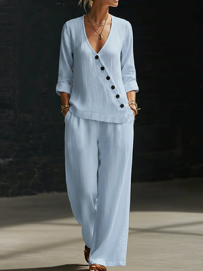 NOUVEAU🔥Ensemble deux‑pièces : chemise minimaliste à col V et pantalon à jambes larges
