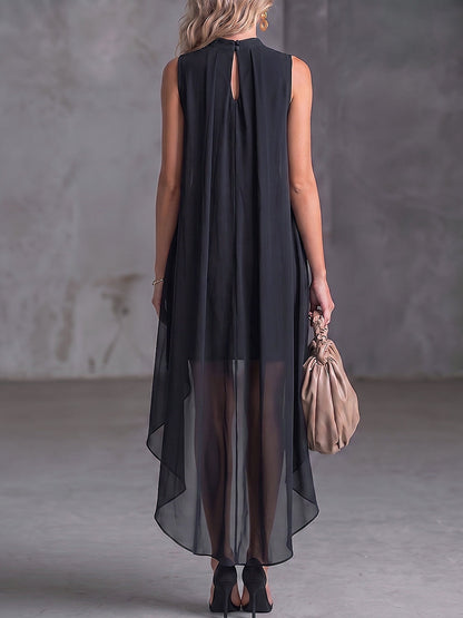 Sleeveless Mock Neck Chiffon Overlay Bodycon Dress