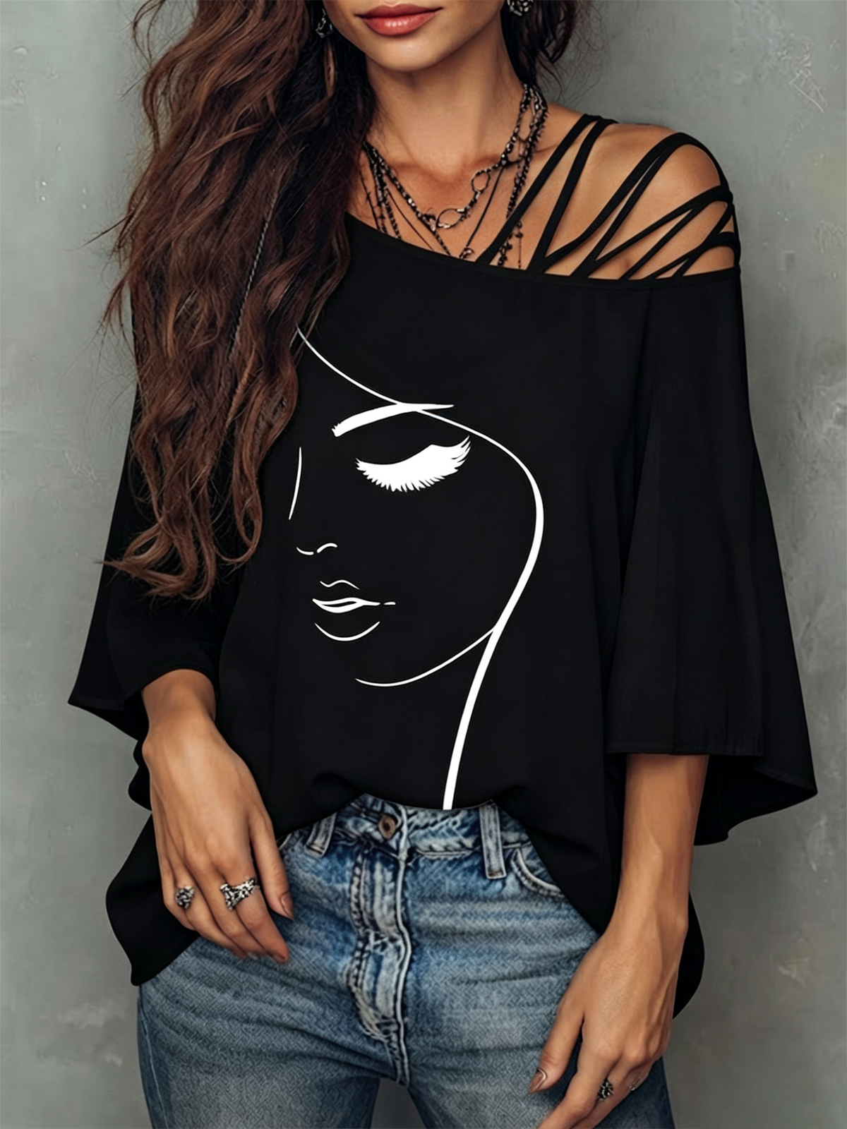 Abstract Face Line Art Crisscross Cold Shoulder Flare Sleeve Blouse