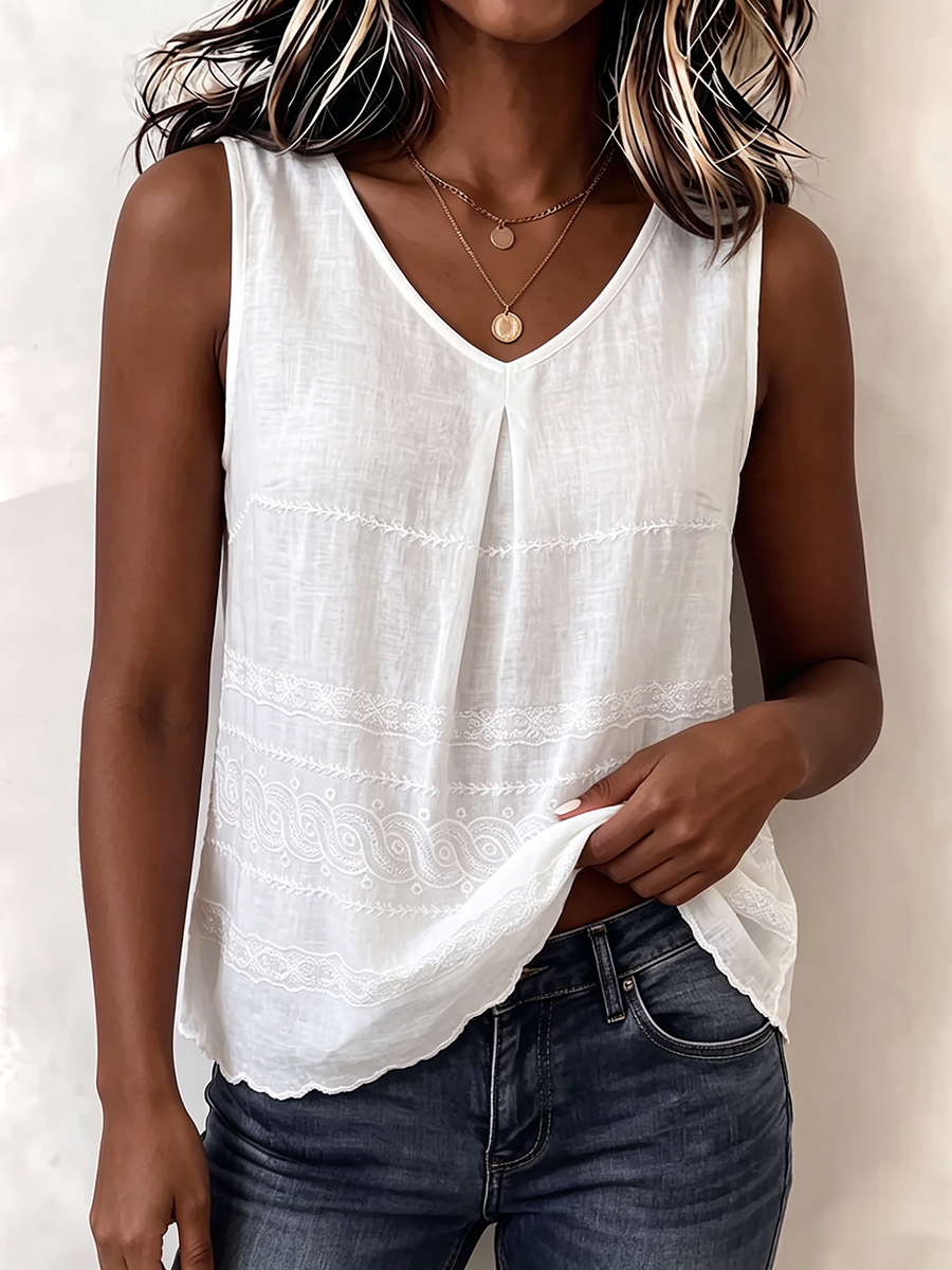 Vintage Floral Embroidered V-neck Cotton-linen Vest