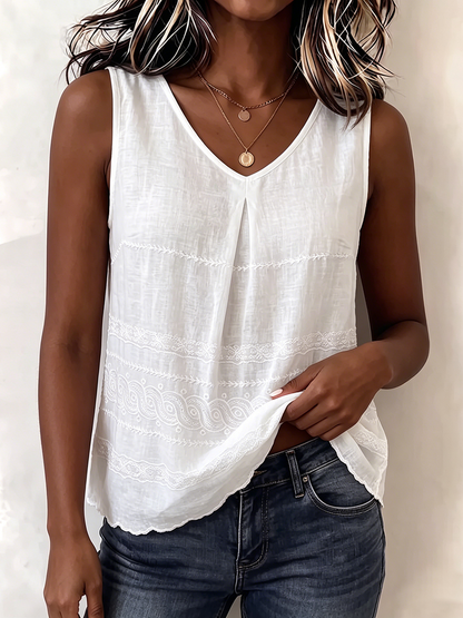 Vintage Floral Embroidered V-neck Cotton-linen Vest