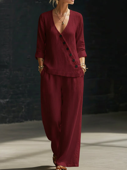 NOUVEAU🔥Ensemble deux‑pièces : chemise minimaliste à col V et pantalon à jambes larges