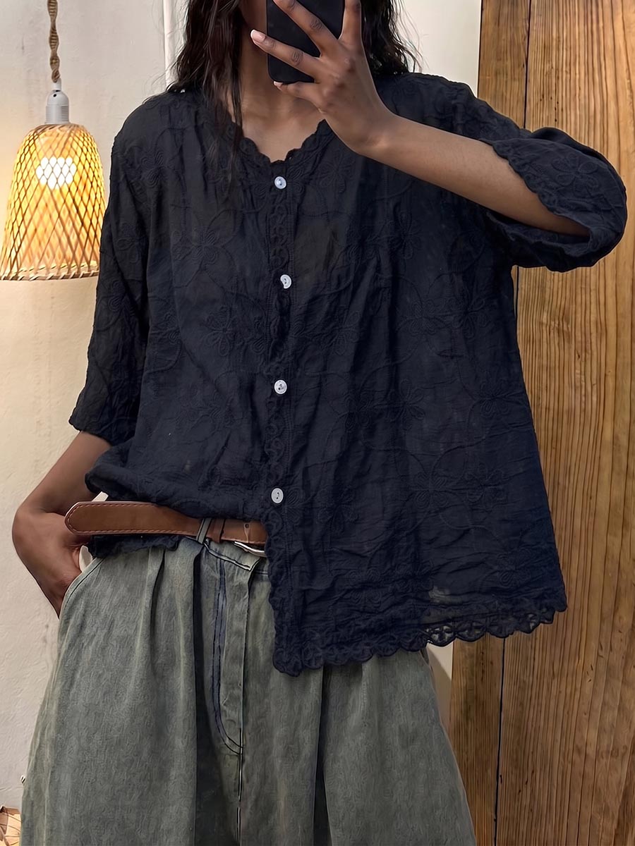 Women's Solid Color V-neck 3/4 Sleeve Casual Loose Embroidered Cotton-linen Top