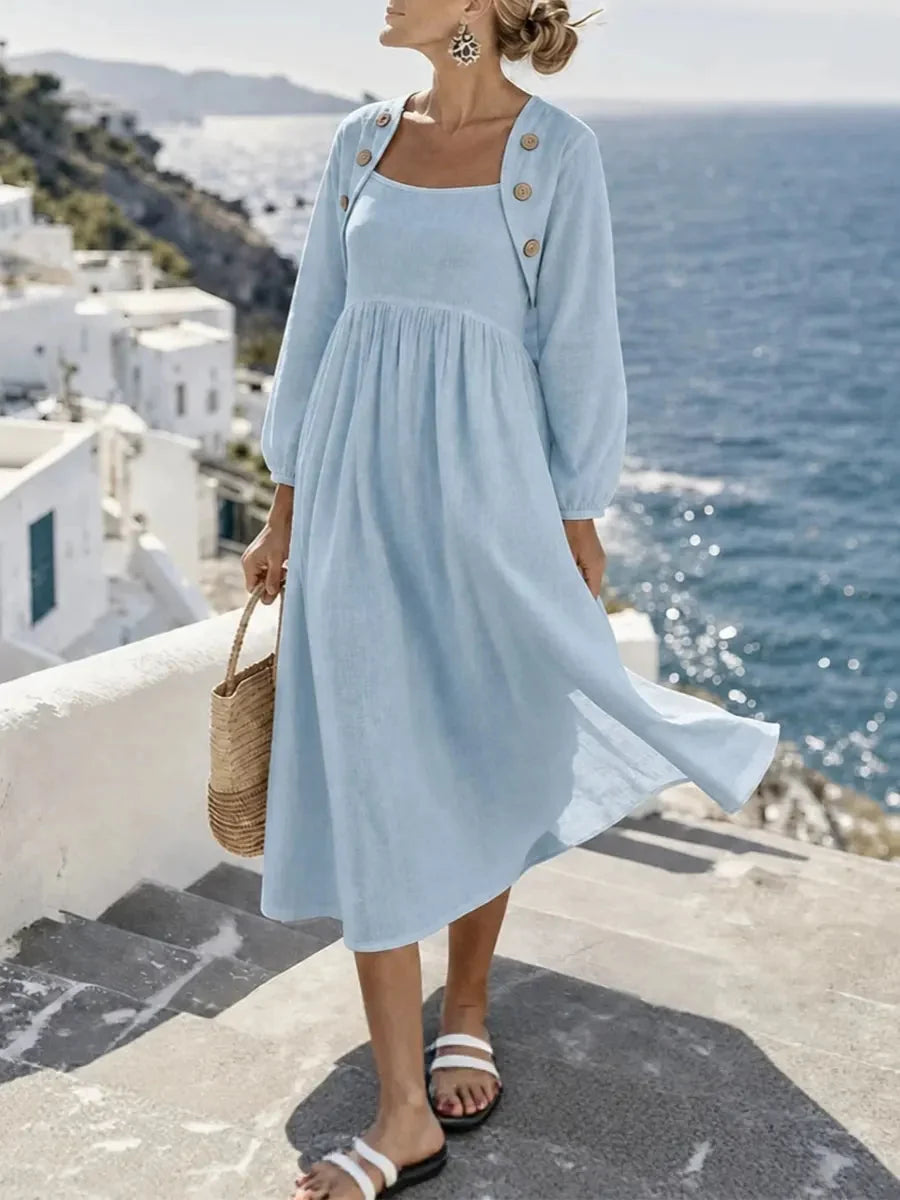 Sunny Coastal Linen-Blend Button-Detail Midi Dress