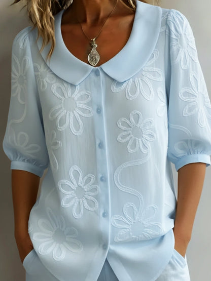 Chemise vintage à col Peter Pan brodée de fleurs