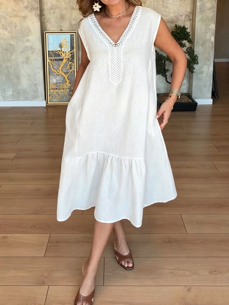 Women's Solid Color V-neck Sleeveless Casual Loose Cotton-linen Dress