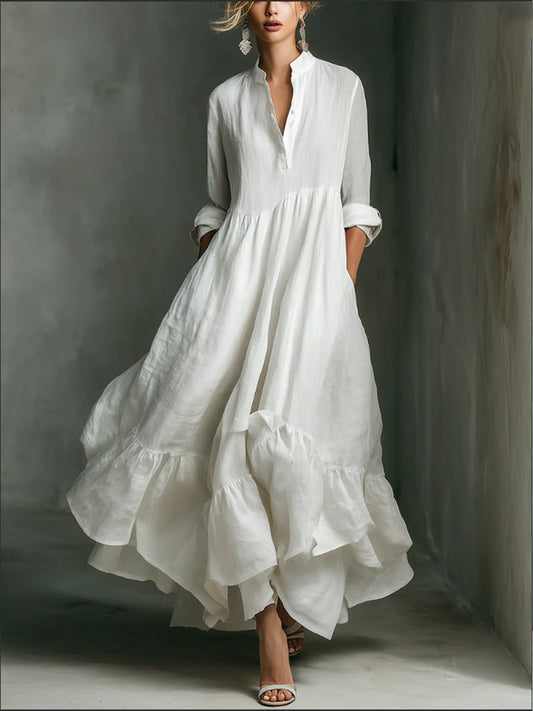 Robe maxi imprimée élégante pour femme, ornée de volants.