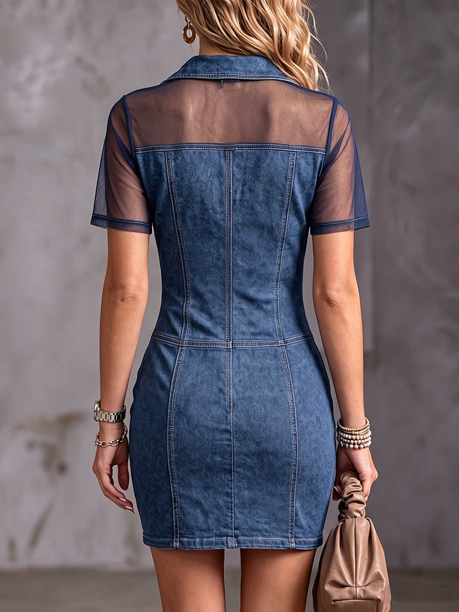 Women's Casual Loose-fit Denim Dress With Chiffon Panels Lapel Collar, And Short Sleeves