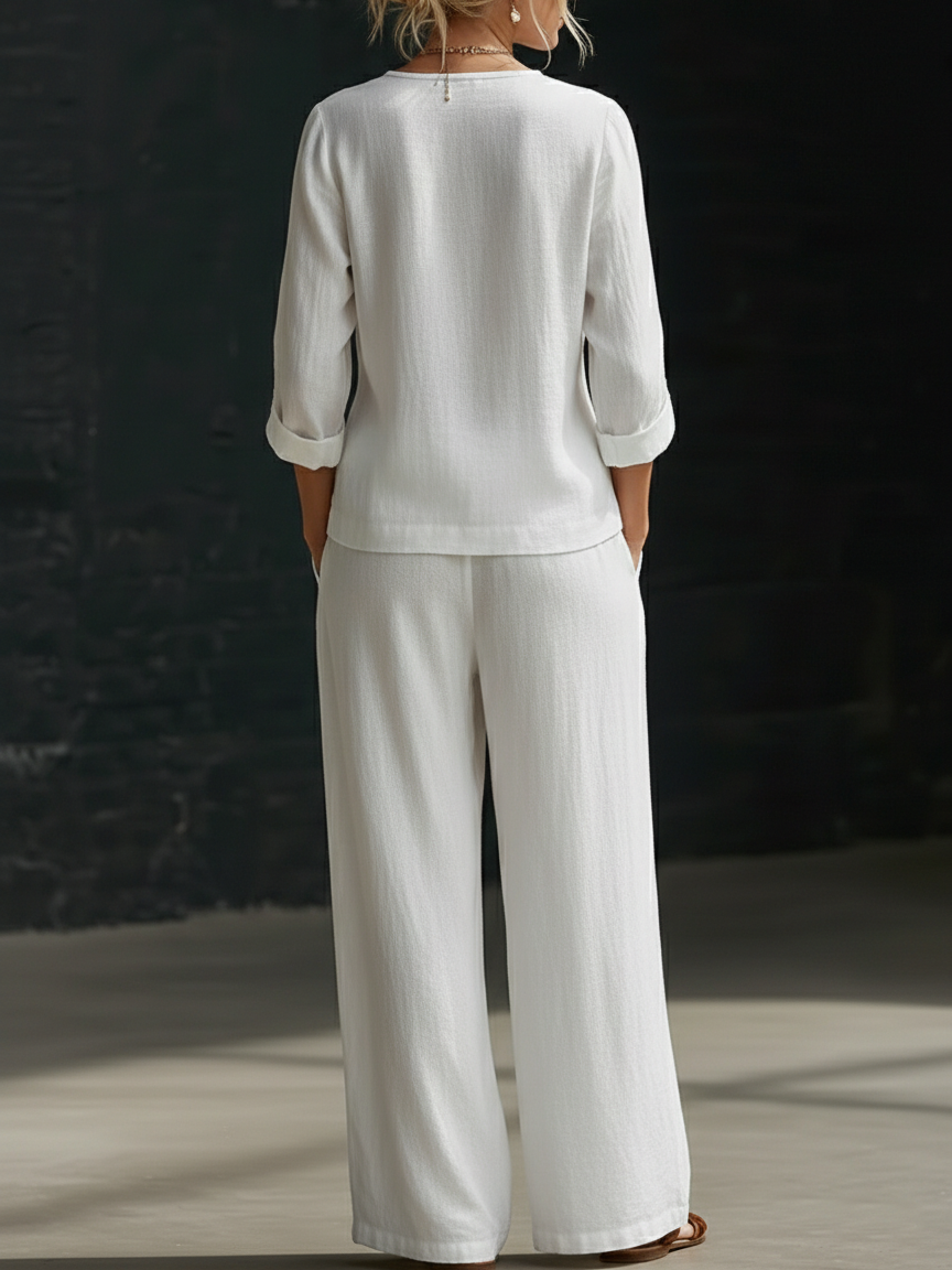 NOUVEAU🔥Ensemble deux‑pièces : chemise minimaliste à col V et pantalon à jambes larges