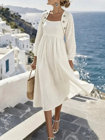 Sunny Coastal Linen-Blend Button-Detail Midi Dress