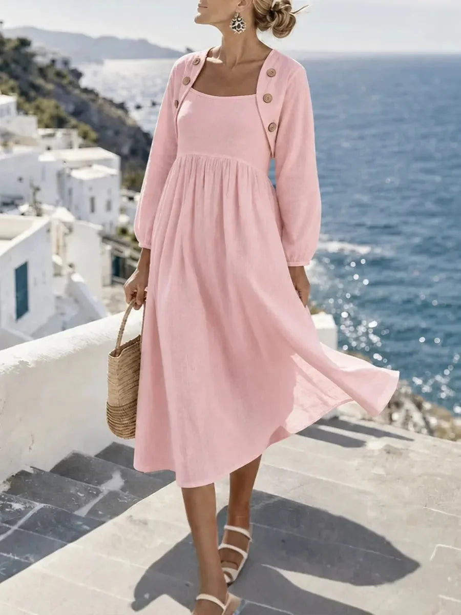 Sunny Coastal Linen-Blend Button-Detail Midi Dress
