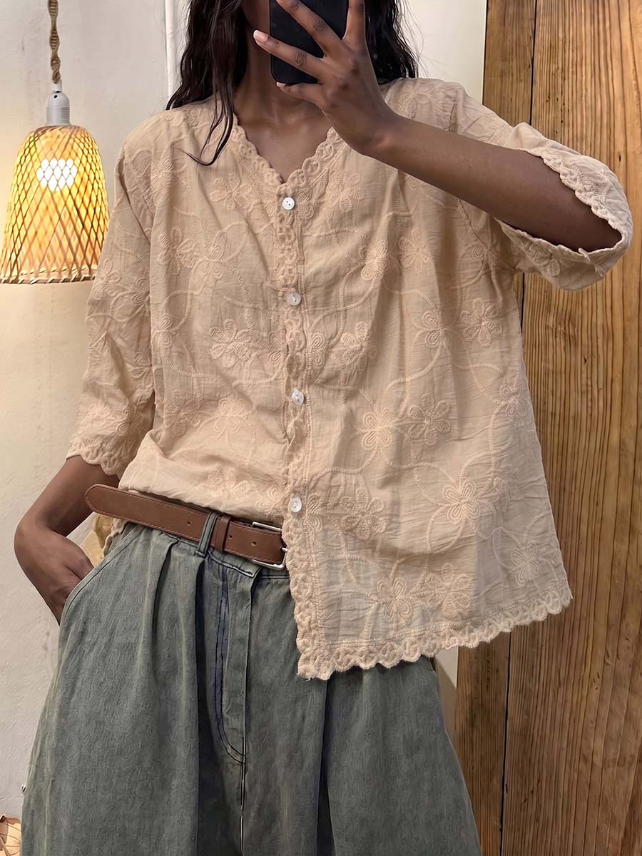 Women's Solid Color V-neck 3/4 Sleeve Casual Loose Embroidered Cotton-linen Top