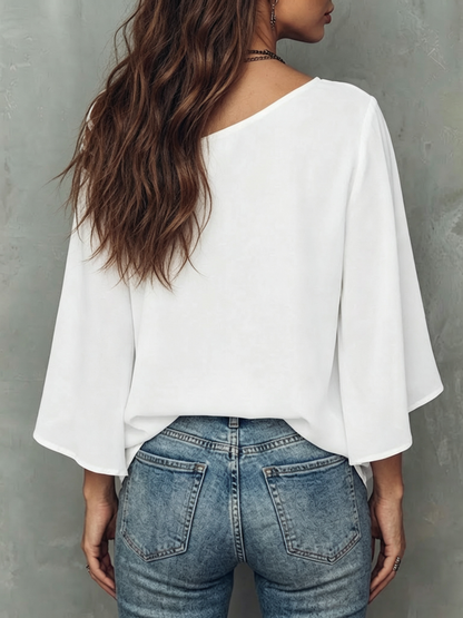 Abstract Face Line Art Crisscross Cold Shoulder Flare Sleeve Blouse
