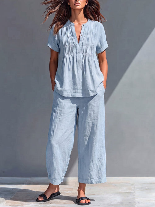 Women's Solid-color Cotton-linen Set: Loose-fit Short-sleeve Crew-neck Top & High-waisted Wide-leg Pants