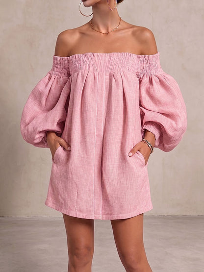 Robe décontractée ample en coton et lin à manches longues et épaules dénudées pour femme