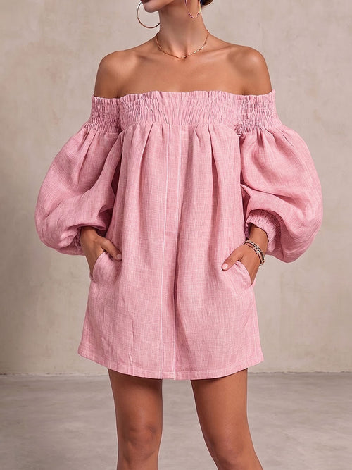 Robe décontractée ample en coton et lin à manches longues et épaules dénudées pour femme