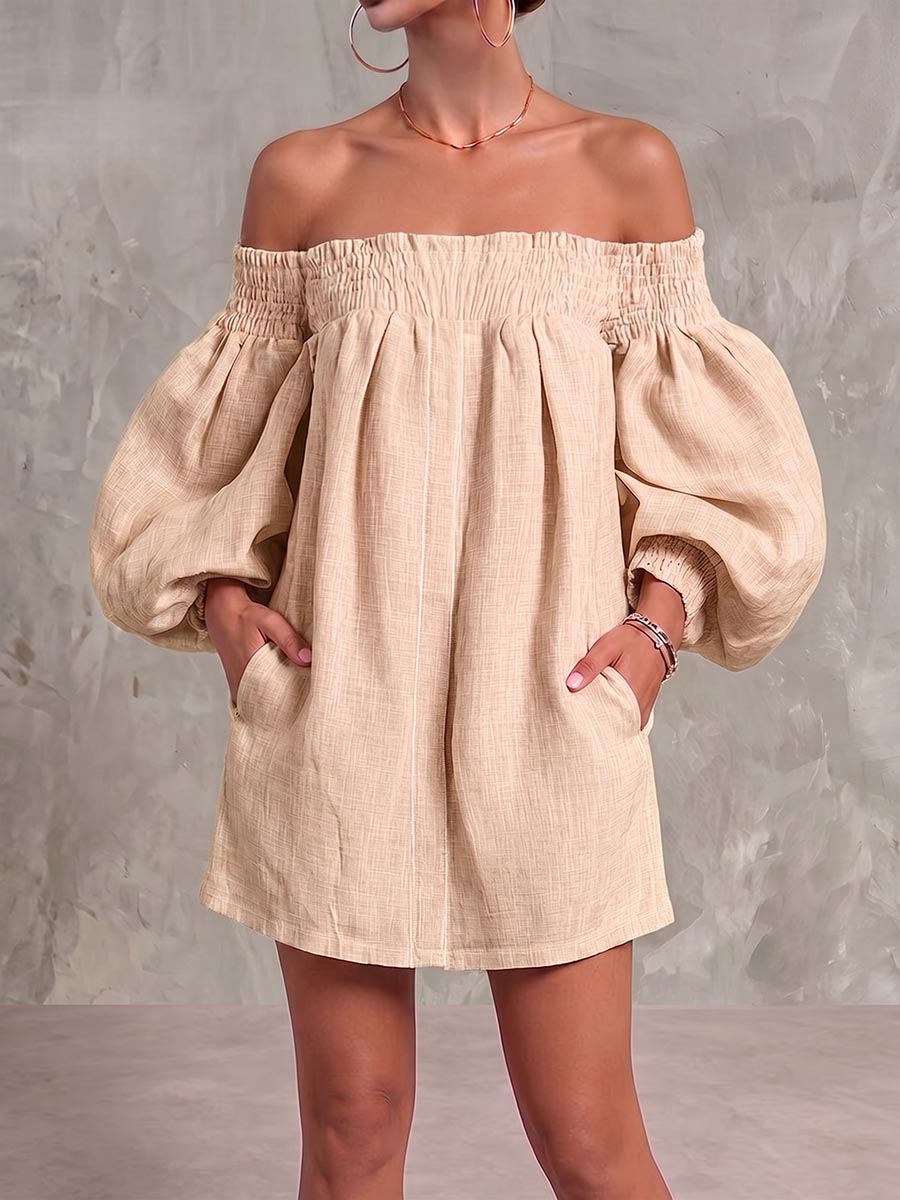 Robe décontractée ample en coton et lin à manches longues et épaules dénudées pour femme