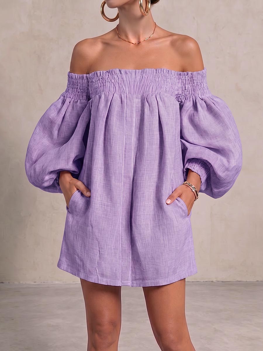 Robe décontractée ample en coton et lin à manches longues et épaules dénudées pour femme
