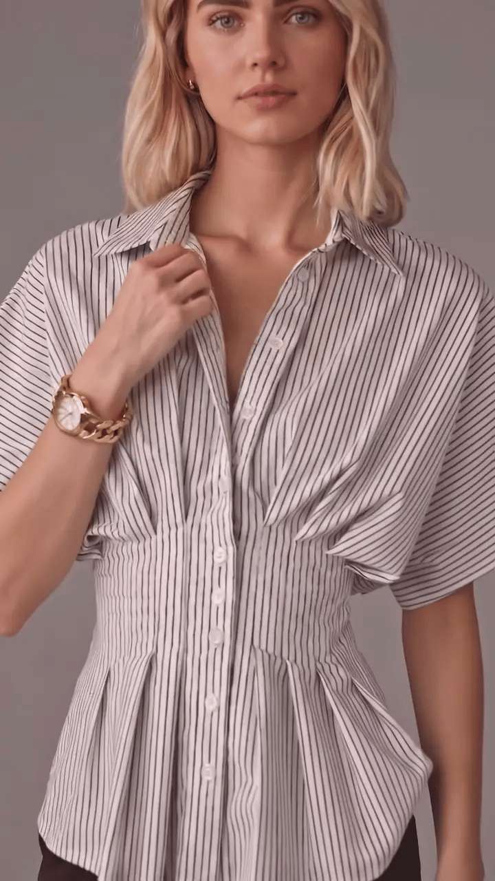 Striped Collared Flutter Sleeve Cinched Waist Peplum Shirt