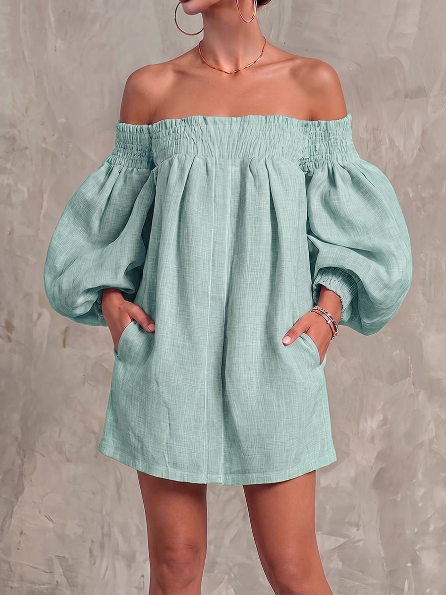 Robe décontractée ample en coton et lin à manches longues et épaules dénudées pour femme