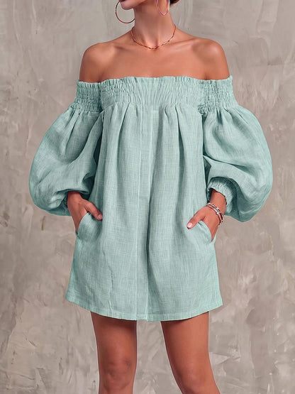Robe décontractée ample en coton et lin à manches longues et épaules dénudées pour femme