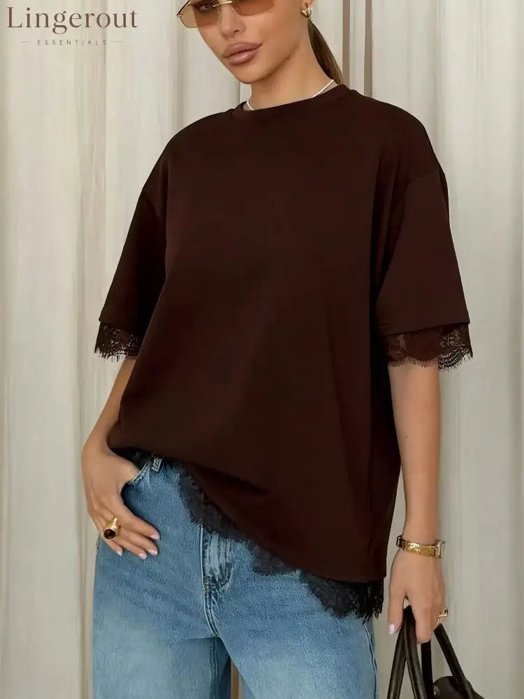 Oversized Lace Splicing Tee - Dark brown / XS