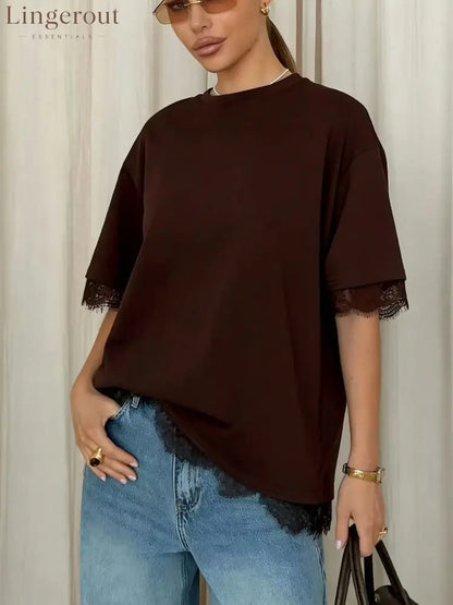 Oversized Lace Splicing Tee - Dark brown / XS