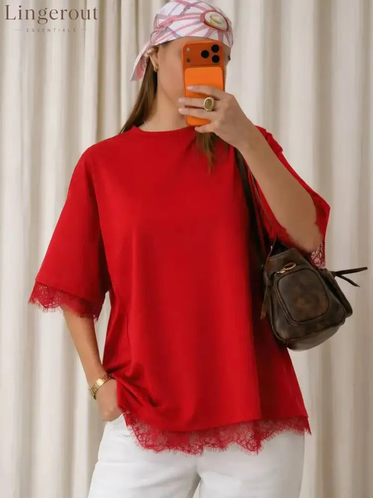 Oversized Lace Splicing Tee - Red / XS