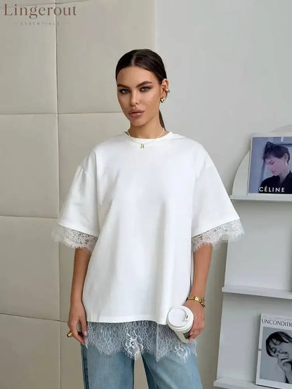 Oversized Lace Splicing Tee - White / XS
