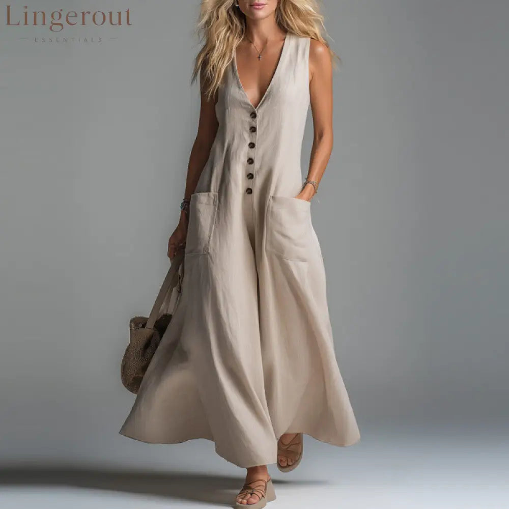 Pocket Deep V-Neck Solid Color Casual Dress - Apricot / S