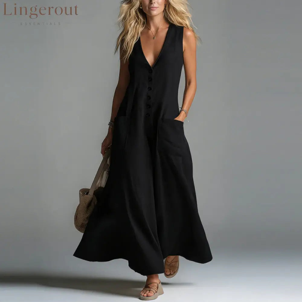 Pocket Deep V-Neck Solid Color Casual Dress - Black / S