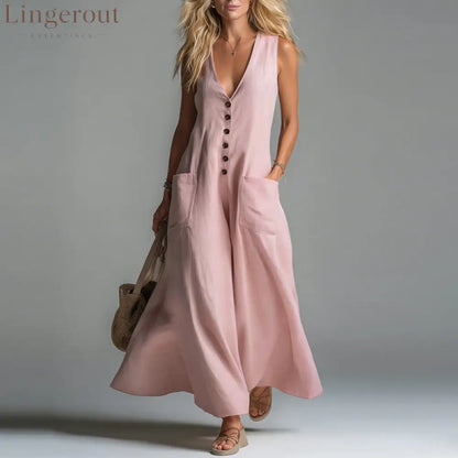 Pocket Deep V-Neck Solid Color Casual Dress - Pink / S