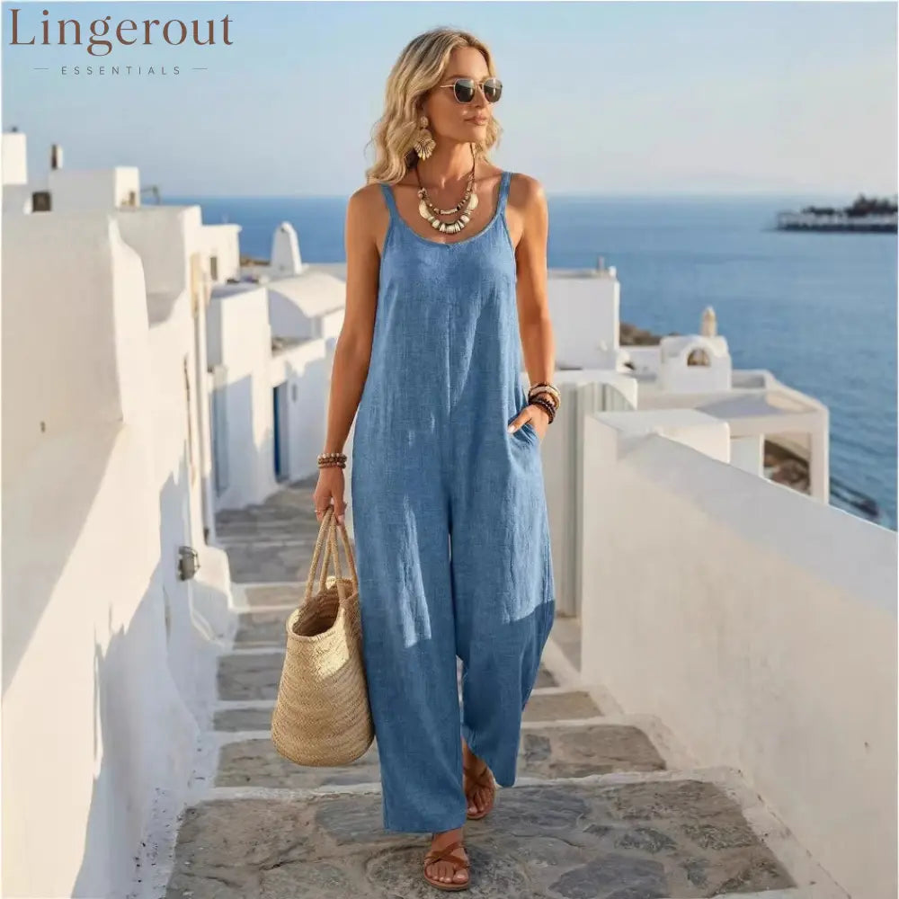🌟 Premium Linen-Blend Sleeveless Wide-Leg Jumpsuit