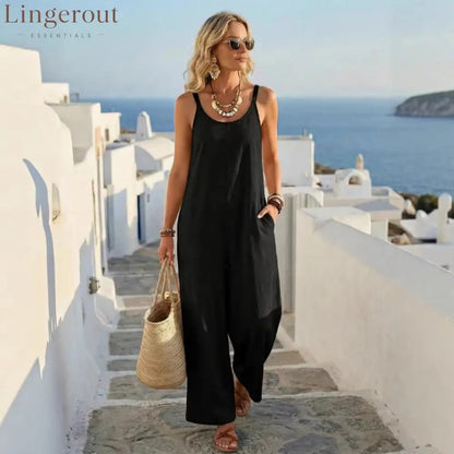 🌟 Premium Linen-Blend Sleeveless Wide-Leg Jumpsuit
