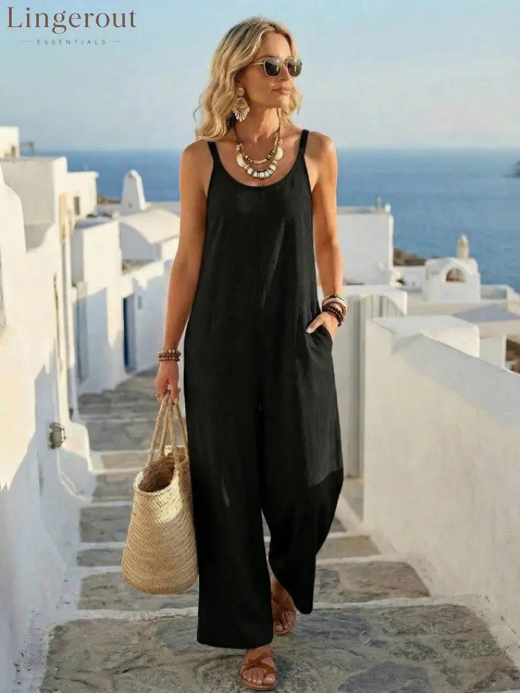 🌟 Premium Linen-Blend Sleeveless Wide-Leg Jumpsuit - Black / XS
