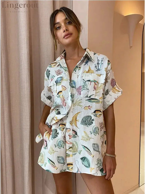 Printed Shirts Shorts Suit Female Holiday Casual Short Sleeve Loose Top Linen Women 2 Pieces Set Summer Fashion Outfits