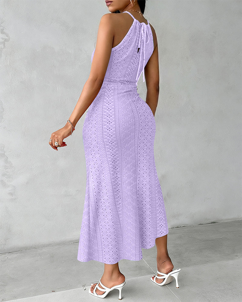 Robe décontractée à col licou, nouée, croisée devant, en jacquard tricoté texturé avec fente, robe de vacances drapée ajourée