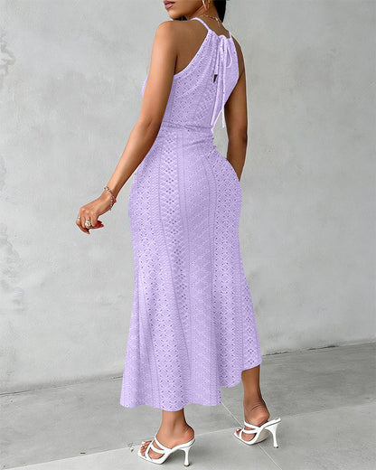 Robe décontractée à col licou, nouée, croisée devant, en jacquard tricoté texturé avec fente, robe de vacances drapée ajourée
