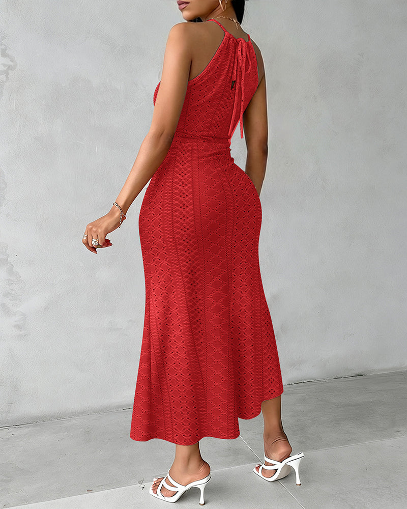 Robe décontractée à col licou, nouée, croisée devant, en jacquard tricoté texturé avec fente, robe de vacances drapée ajourée