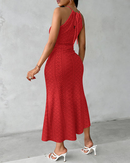 Robe décontractée à col licou, nouée, croisée devant, en jacquard tricoté texturé avec fente, robe de vacances drapée ajourée