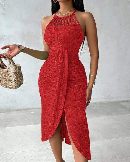 Robe décontractée à col licou, nouée, croisée devant, en jacquard tricoté texturé avec fente, robe de vacances drapée ajourée