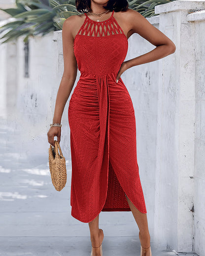 Robe décontractée à col licou, nouée, croisée devant, en jacquard tricoté texturé avec fente, robe de vacances drapée ajourée
