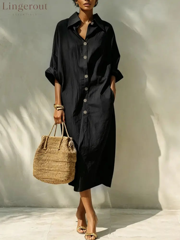 Relaxed Button Front Linen Shirt Midi Dress - Black / S