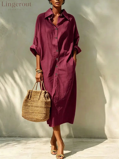 Relaxed Button Front Linen Shirt Midi Dress - Claret / S