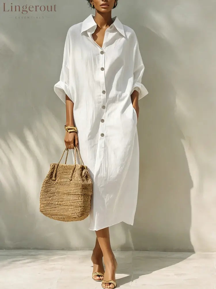 Relaxed Button Front Linen Shirt Midi Dress - White / S