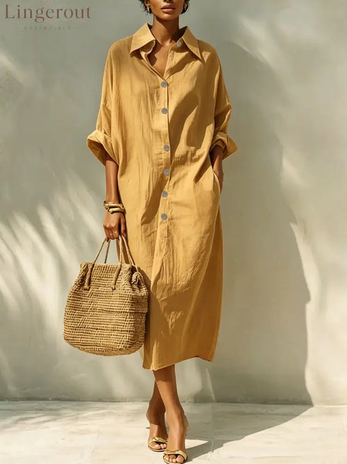 Relaxed Button Front Linen Shirt Midi Dress - Yellow / S