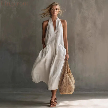Relaxed Halter Neck Linen Midi Dress with Pockets