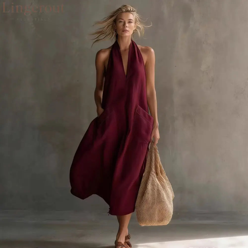 Relaxed Halter Neck Linen Midi Dress with Pockets
